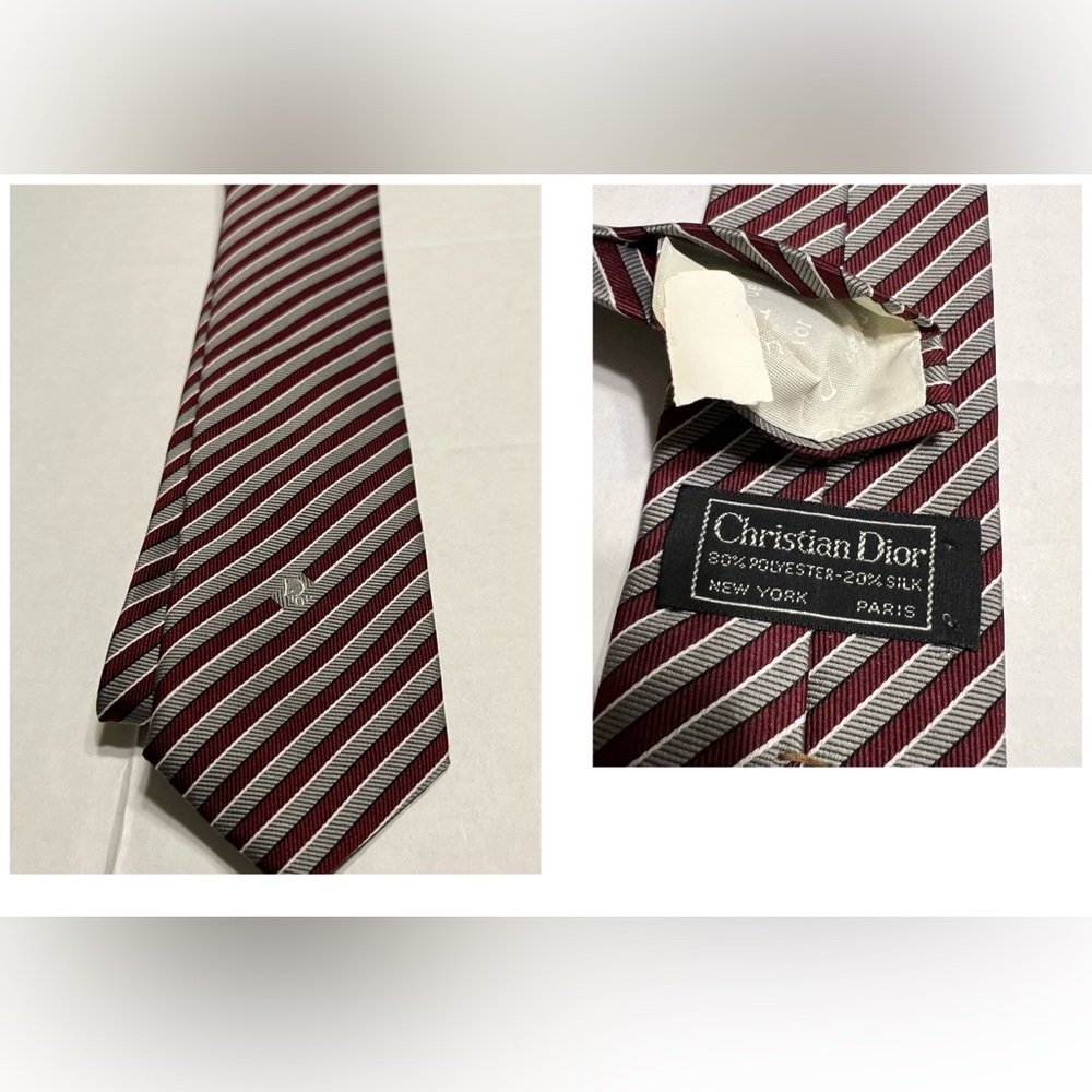 Dior Vintage Burgundy and Silver Striped Tie Luxury Versatile Business Work